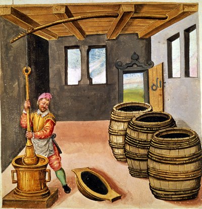 Fabrication de poudre noire - dans Manuale di pirotechnia, armeria e fortificazioni du 16ème siècle. - Unknown artist