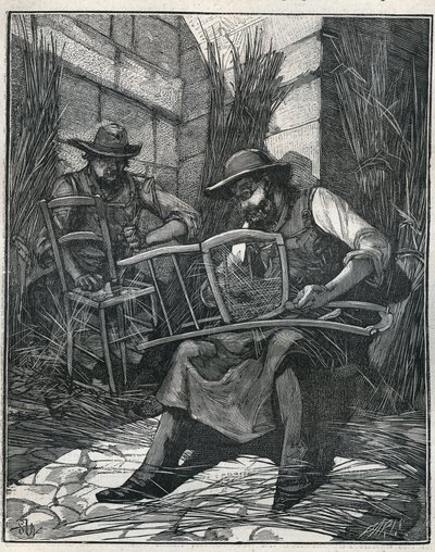 Fabrication de chaises : paillage et cannage de chaises. Gravure de 1885 dans « Les arts et métiers illustrés » par Adolphe Bitard. - Unknown artist
