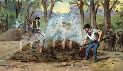 Fabrication du charbon de bois, four de combustion. Chromolithographie de la fin du 19e siècle. - Unknown artist