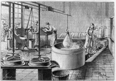 Fabrication du gruyère : une fromagerie moderne. Gravure dans « La Nature : revue des sciences et de leurs applications aux arts et à l