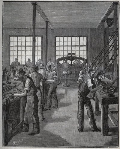 Fabrication de porte-plume et de porte-crayon. Gravure de 1885 dans « Les arts et métiers illustrés » par Adolphe Bitard. - Unknown artist