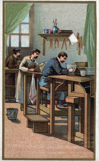 Fabrication de la porcelaine : tournage. Chromolithographie de la fin du 19e siècle. - Unknown artist