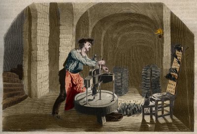 Fabrication du vin de Champagne pétillant : machine à embouteiller utilisée dans une cave. Gravure de 1858 dans « Le Musée Des Sciences » - Unknown artist