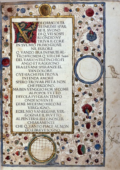Page manuscrite de « Il Canzoniere » de Francesco Petrarca (Pétrarque) (1304-1374) 1493 - Unknown artist