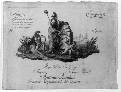Carte de la République cisalpine créée par Napoléon Bonaparte le 27/06/1797 sur le modèle français en Italie, devenue la République italienne en 1802. Les valeurs de la République française y sont inscrites (Liberté, Égalité). Gravure - Unknown artist