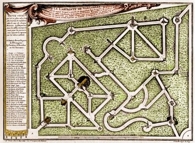 Carte du labyrinthe dans le parc du château de Versailles, créé par André Le Nôtre (1613-1700). Gravure dans "La Nature. Revue des sciences et de ses applications aux arts et à l