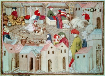 Marché de Champeaux à Paris. Marchands de bétail et de volaille, drapiers. Miniature tirée de "Le Chevalier Errant" de Thomas de Saluces (Tommaso III di Saluzzo), vers 1403-1404. Paris, B.N. - Unknown artist
