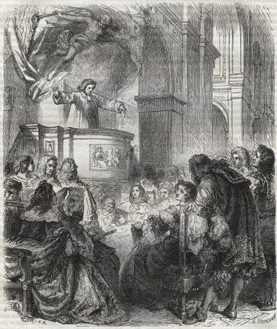 Marie de Rabutin-Chantal, marquise de Sévigné connue sous le nom de Madame de Sévigné (1626-1696), écoutant Louis Bourdaloue (1632-1704) à l