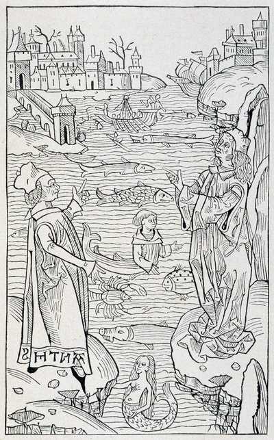 Animaux marins et monstres - page de titre du chapitre « De Piscibus » de « Hortus Sanitatis », édition de Mayence de l