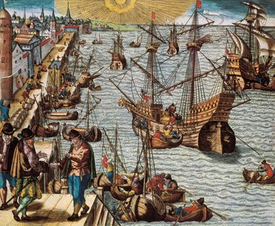 Commerce maritime et commerce avec les Indes espagnoles (colonie), en particulier la culture de la canne à sucre. Départ du port de Lisbonne vers les Indes orientales, l
