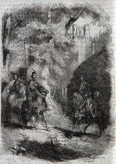Marphise et la vieille rencontrent Pinabel - gravure de 1851 de « Roland furieux » (Orlando furioso) (16e siècle) par Ludovico Ariosto, traduit de l