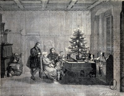 Martin Luther (1483-1546) réformateur religieux allemand célébrant Noël en famille. Gravure du XIXe siècle - Unknown artist