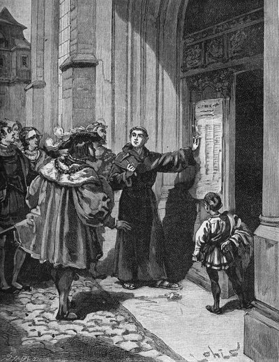 Martin Luther (1483-1546) accrochant ses 95 thèses à Wittenberg - Unknown artist