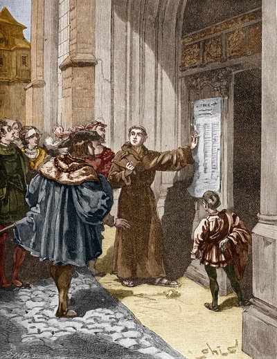 Martin Luther (1483-1546) accrochant ses 95 thèses à Wittenberg. - Unknown artist