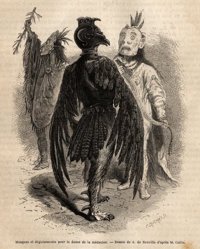 Masques et déguisements pour la danse de la médecine chez les Indiens Naya. Gravure pour illustrer une excursion parmi les tribus indiennes des bassins de la Colombie et du Haut Missouri, par G. Catlin, en 1855, publié dans « le tour du monde », sous la di - Unknown artist