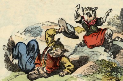 Maître renard joue avec Petite Chevrette. Illustration du conte "Bon Médor et Petite Chevrette". Dans "Contes de la maison pour les petits". Gravure anonyme du 19ème siècle - Unknown artist