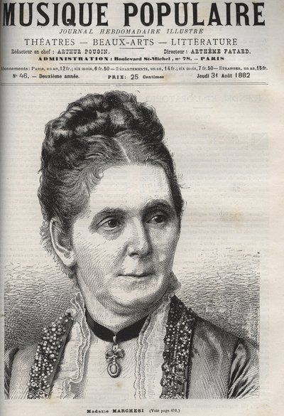 Mathilde Marchesi (1821-1913) mezzo-soprano allemande - gravure dans « La musique populaire » - journal hebdomadaire illustré - 1882 - Unknown artist