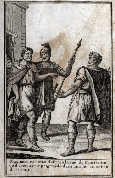 Maximien Hercule (Marcus Aurelius Valerius Maximianus) (vers 250-310), empereur romain, saisi de peur à la vue de Constantin (Constantin Ier, Flavius Valerius Aurelius Constantinus, 272-306), son gendre, qu