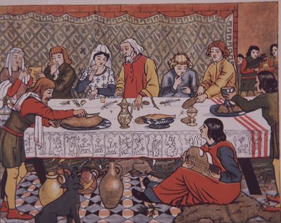 Seigneur médiéval dînant (lithographie en couleur) - Unknown artist