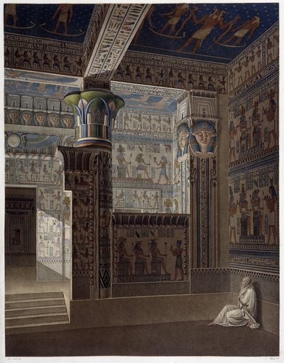 Memnonium Thèbes, pl 37 : Vue intérieure en perspective colorée du temple de l