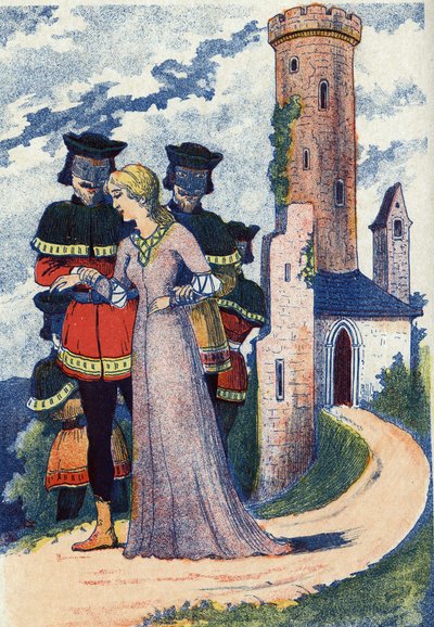 Les hommes masqués entraînent la princesse. Illustration anonyme pour le conte « L