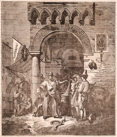 Marchand cuisinant des pâtes dans une casserole, scène italienne (gravure) - Unknown artist