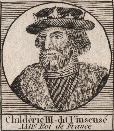 Dynastie mérovingienne : Portrait de Childéric III (714-755) Roi des Francs - Childéric III (d. 754) Roi des Francs, 741-751, et dernier des Mérovingiens - gravure de "Instruction sur l