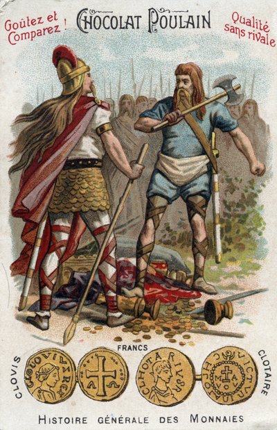Mérovingiens : Clovis Ier abattant le soldat qui avait brisé le vase de Soissons, en 486. Dans Histoire générale des monnaies. Chromolithographie de la fin du XIXe siècle. Collection privée. - Unknown artist