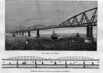 Projet de pont métallique sur la Manche : en haut, le pont une fois terminé ; en bas, les dimensions des piles et travées du pont projeté. Gravure dans « Le Journal de la jeunesse » - Unknown artist