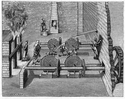 Métallurgie au 18ème siècle : un train de fonderie. Gravure dans "La Nature: revue des sciences et de leurs applications aux arts et à l