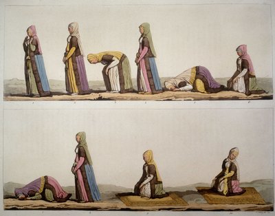 Méthode pour les positions de prière des musulmans. Dans "Le Vieux et le Moderne Costume" 1819-1820, par Ferrario - Unknown artist