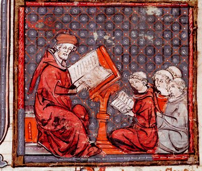 Moyen Âge : Une classe de philosophie, le professeur et ses élèves Miniature des Grandes Chroniques de France 1375-1379 Bibliothèque municipale, Castres - Unknown artist