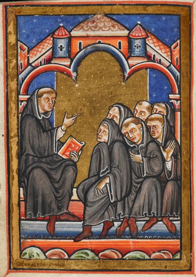 Miniature de Cuthbert enseignant aux moines dans le monastère de Lindisfarne, du chapitre 16 de la vie en prose de Bède de Saint Cuthbert - Unknown artist