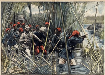 Mission Marchand (1896-1899) à Fachoda (Soudan) : le capitaine français Baratier (1864-1917) et ses troupes avançant à travers le marais vers Fachoda. (D
