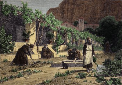 Jardin potager du monastère : les moines cultivent des légumes dans leur jardin. Gravure du 19ème siècle - Unknown artist