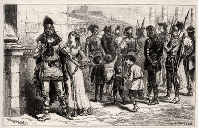 Émue par ce triste spectacle, Théodechilde ou Thichilde (fille de Thierry I) (morte en 534) demande la vie et la liberté du captif - gravure dans « Les Femmes Illustres De La France » par Oscar Havard - 1886 - Unknown artist