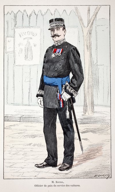 M. Roudil, officier de paix du service des voitures. Eau-forte en couleurs, pour illustration Histoire du corps des gardiens de la paix, livre publié sous les auspices de Louis Lépine (1846-1933) préfet de police de la Seine, par Alfred Rey (1864-?) et Lou - Unknown artist