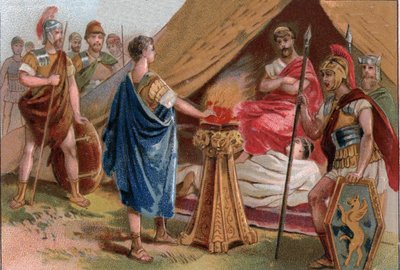 Mucius Scaevola devant Porsenna. Caius Mucius Scaevola, jeune patricien romain capturé par la garde royale de Porsenna - Unknown artist