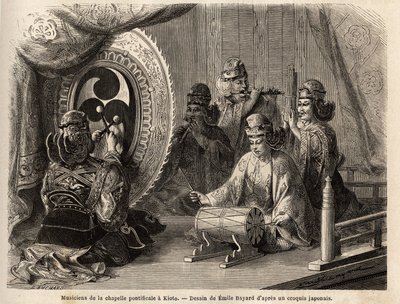 Musiciens de la chapelle pontificale à Kyoto (ou Kioto), jouant cinq instruments sacrés, flûte traversière et flûte de pan, conque marine, timbales et kakdaiko, le gong original. Gravure pour illustrer le voyage au Japon en 1863-1864, par Aimé Humbert, m - Unknown artist