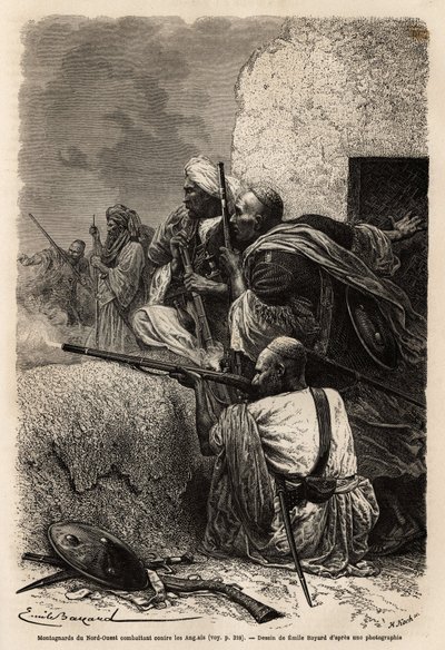 Montagnards musulmans réinstallés dans les montagnes de Svat, combattant une expédition anglaise en 1863 pour arrêter le pillage des villages de la région. Gravure pour illustrer l