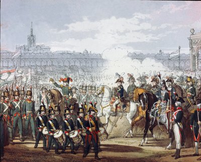 Napoléon Bonaparte (1769-1821) passe en revue la légion lombarde et cisalpine de la milice le 09/07/1797 Gravure à l