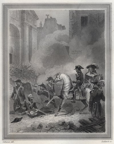 Napoléon écrasant la rébellion royaliste - Napoléon Bonaparte (à cheval) commandant les troupes révolutionnaires lors des combats de rue le 13 Vendémiaire (5 octobre) - 13 Vendémiaire 1795 (Insurrection royaliste du 5 octobre 1795) : Bonaparte rétablit l