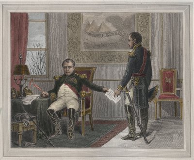 Napoléon signant son abdication 1814 - Napoléon Bonaparte (1769-1821) à Fontainebleau lors de sa première abdication, signée en avril 1814 - gravure dans "Les Fastes populaires, ou Histoire des actes héroïques du peuple et de son influence sur les sciences - Unknown artist