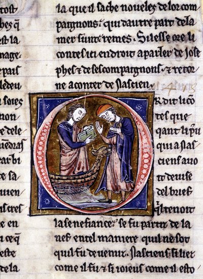 Nascion reçoit le livre (?). Manuscrit : Conquête du Saint Graal, écrit 717 ans après la passion de notre seigneur. Bibliothèque municipale de Rennes, ms. 255 (Collection de romans de la Table Ronde) ; Paris - Unknown artist