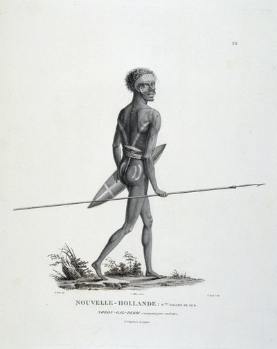 Autochtone North-Gal-Derri de Nouvelle-Galles du Sud de la Nouvelle-Hollande avançant pour combattre - dans "Voyage de découvertes aux terres australes" par Messieurs Lesueur et Peer - Unknown artist