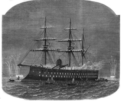 Illumination navale dans le port de Spithead lors du voyage du sultan égyptien Ismail Pacha (1830-1895) en Angleterre. Gravure dans "L
