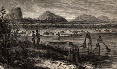 Près des cataractes du Rovuma (Mozambique), les activités de pêche. Gravure pour illustrer les premiers voyages du Dr Livingstone en Afrique australe de 1840 à 1856, dans « Le tour du monde, nouveau journal des voyages » publié sous la direction d