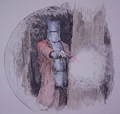 Ned Kelly portant son armure faite maison, en confrontation avec la police (gravure coloriée à la main) - Unknown artist