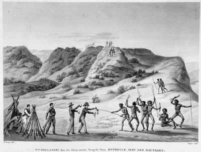 Nouvelle-Hollande, baie des Chiens-Marins, péninsule de Péron : rencontre avec les Indiens (rencontre entre Aborigènes et colons) - gravure, début 19ème siècle - Unknown artist