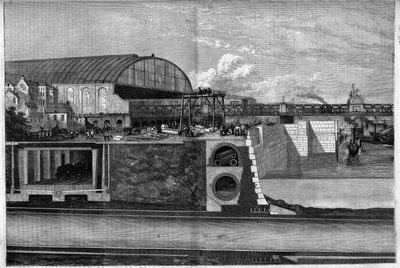 Nouvelle section du quai de la Tamise à Londres, Angleterre indiquant : 1. La route souterraine supérieure pour les conduites d